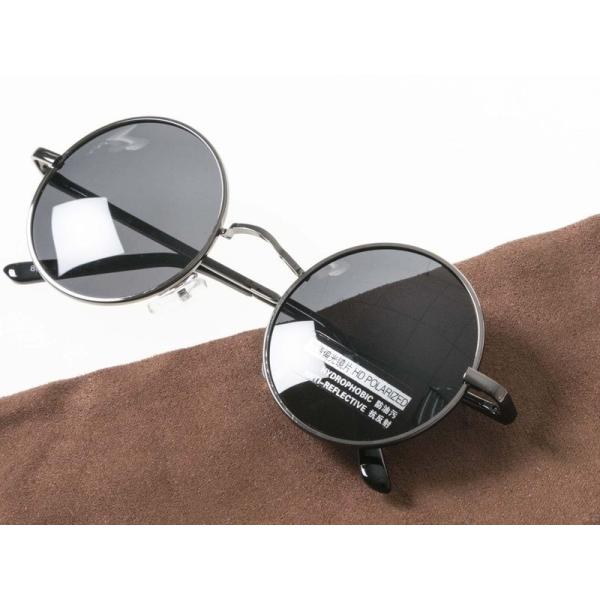 伊達メガネ 偏光サングラス 丸眼鏡 収納ポーチ付#グレーフレーム+ブラックレンズ