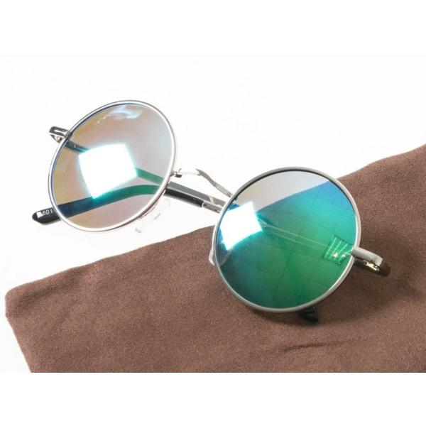 伊達メガネ 偏光サングラス 丸眼鏡 収納ポーチ付#グリーンブルーレンズ