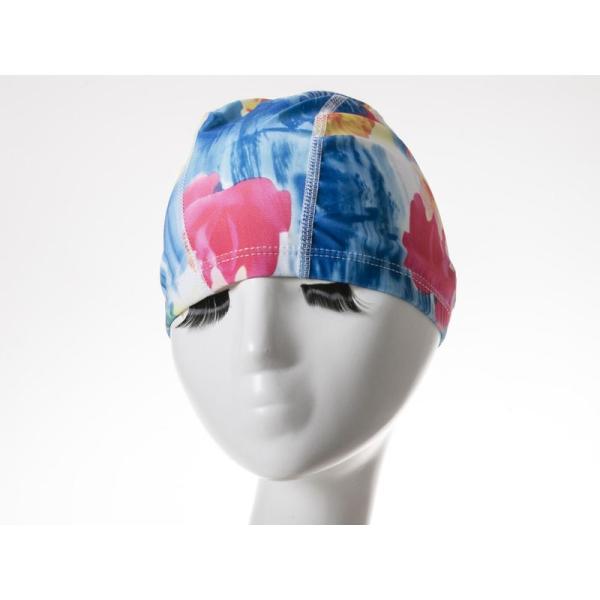 男女兼用 弾性繊維製 水泳帽 スイムキャップ フリーサイズ シンプル #花柄 ブルーA