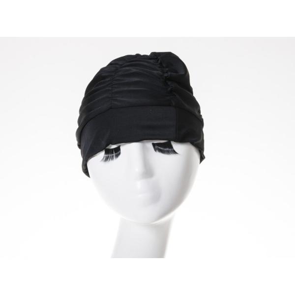 男女兼用 子供 大人 プリーツ風 水泳帽 弾性繊維製 スイムキャップ フリーサイズ#ブラック