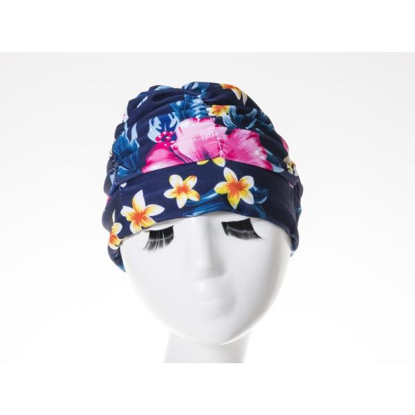 男女兼用 子供 大人 プリーツ風 水泳帽 弾性繊維製 スイムキャップ フリーサイズ#花柄 ネイビー