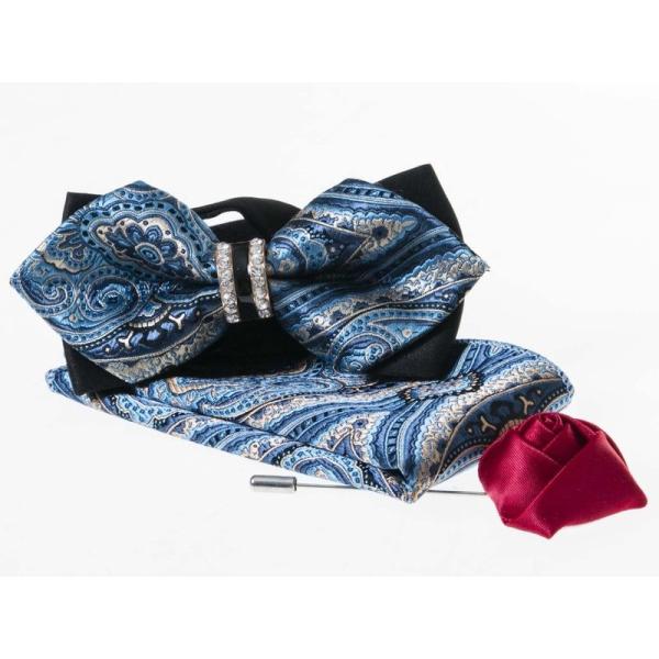 メンズファション小物 レトロ風 ビジネス カジュアル 蝶ネクタイ×ポケットチーフ セット#ブルー