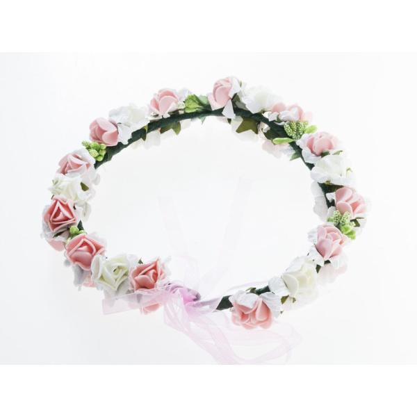 花嫁 花冠 花かんむり フラワー 造花アクセサリー 二重 ウェディング イベントなど#ホワイト+ピン...