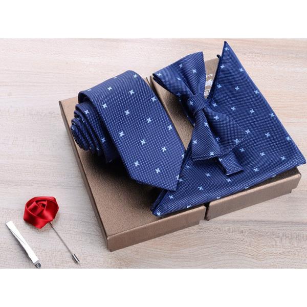 メンズファッション ネクタイ×蝶ネクタイ×ポケットチーフ×ブローチ×ネクタイピン 5点セット#ブルー...