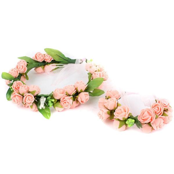 花嫁 花冠 フラワー ヘッドドレス+ブレスレットセット 結婚式#ピンク花