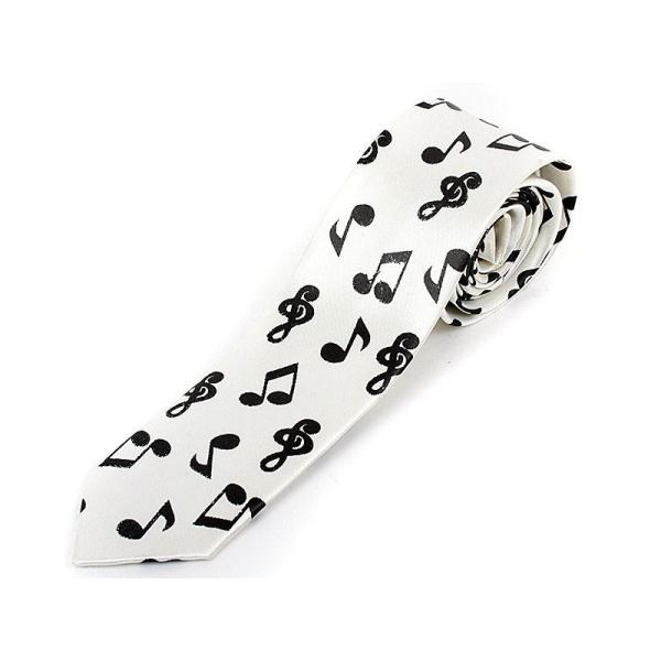 男女兼用ビジネス ファッション 細身のネクタイ ポリエステルシルク ネクタイ#ホワイトxブラック音符
