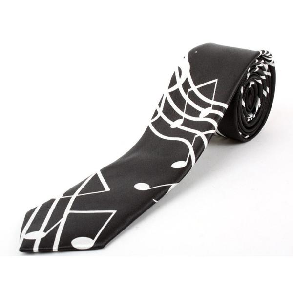 男女兼用 ファッション 細身のネクタイ ト音記号柄#ブラックX白