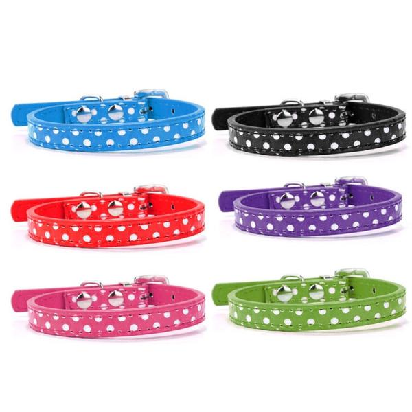 水玉柄 ペット用首輪 猫 小型犬 調整可能 合成革製 ハート形ラインストーン飾り Sサイズ#紫