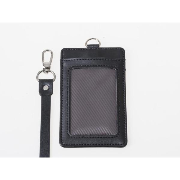上質感 2層タイプ IDカードネームホルダー 名札ケース 縦型 PUストラップ付き#ブラック