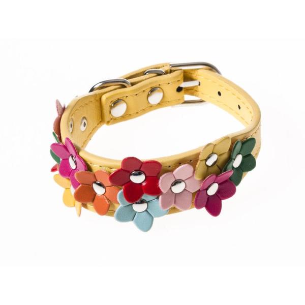 ペット用首輪 猫 小型犬 フラワー模様 XSサイズ#イエロー