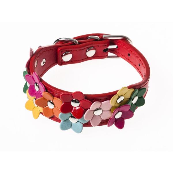 ペット用首輪 猫 小型犬 フラワー模様 Mサイズ#レッド