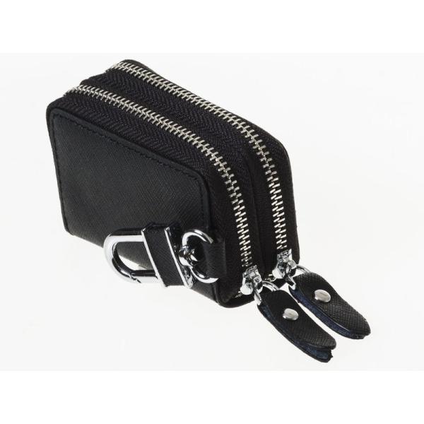本革 上質感 ダブルジッパー ファスナー キーケース フック付き#ブラック