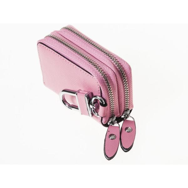 本革 上質感 ダブルジッパー ファスナー キーケース フック付き#ピンク