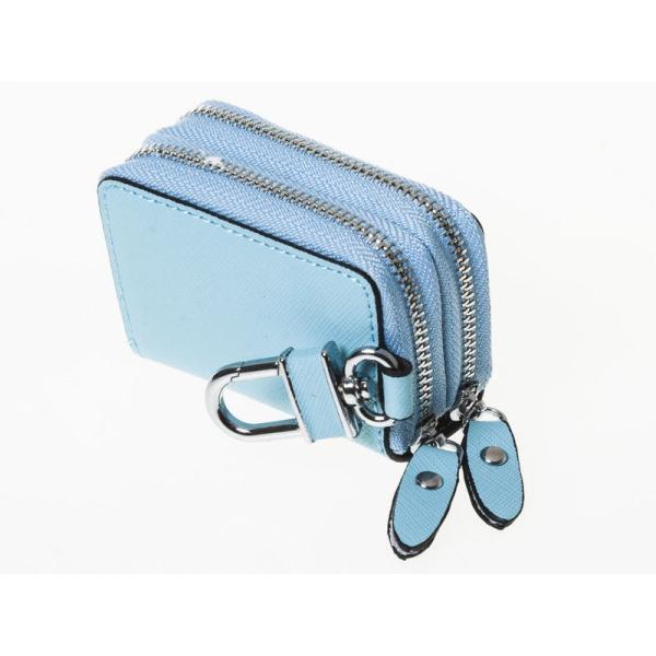 本革 上質感 ダブルジッパー ファスナー キーケース フック付き#スカイブルー