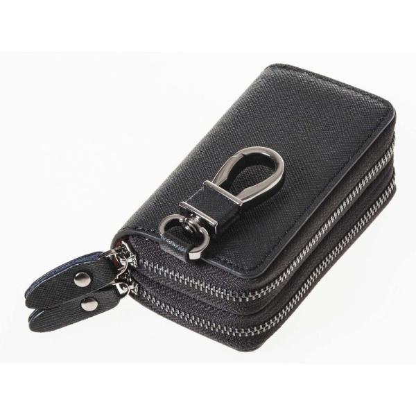 本革 上質感 ダブルジッパー ファスナー キーケース フック付き Lサイズ#ブラック