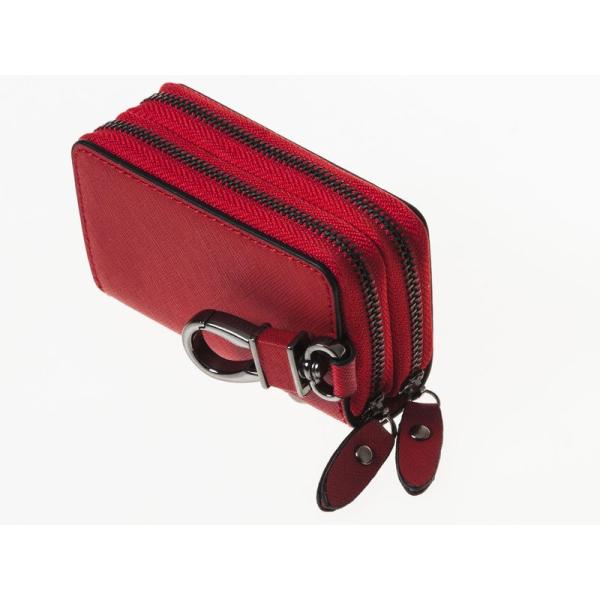 本革 上質感 ダブルジッパー ファスナー キーケース フック付き Lサイズ#レッド