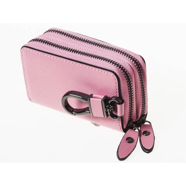 本革 上質感 ダブルジッパー ファスナー キーケース フック付き Lサイズ#ピンク