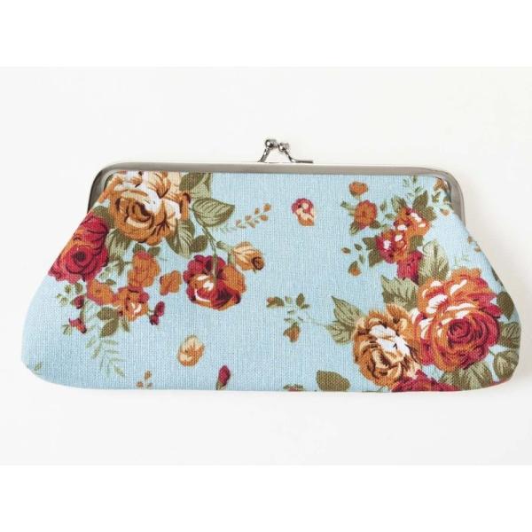 バラ柄 レディース 女性用 がま口 財布 小銭入れ ミニポーチ#ブルー