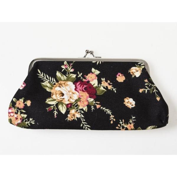 バラ柄 レディース 女性用 がま口 財布 小銭入れ ミニポーチ#ブラック