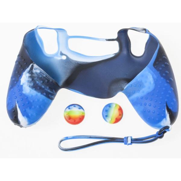 PS4 ワイヤレスコントローラー用 シリコン製 保護ソフトカバー 滑り止め 手提げ紐付き#迷彩柄 青