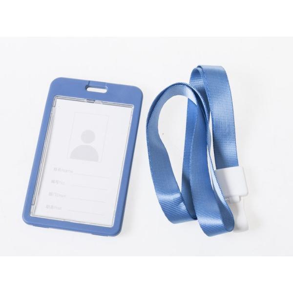 男女兼用 両面クリア IDカードネームホルダー 名札 ハードケース 縦型 ストラップ付き#ブルー