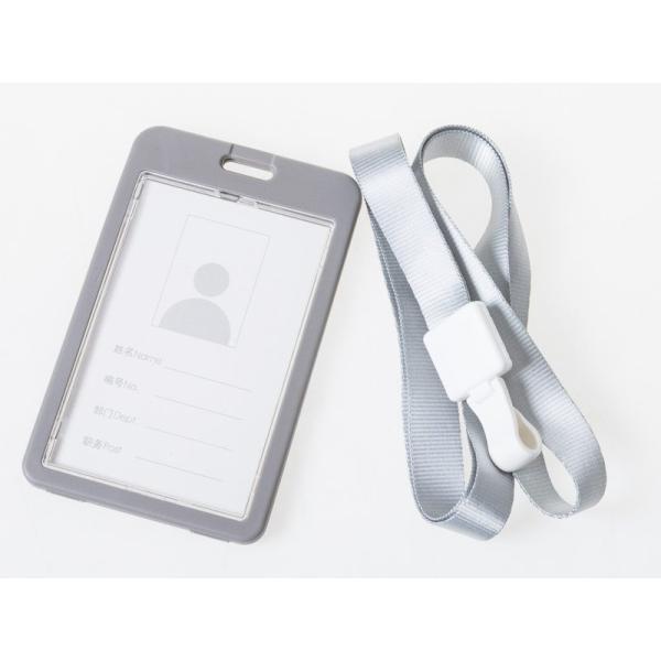 男女兼用 両面クリア IDカードネームホルダー 名札 ハードケース 縦型 ストラップ付き#グレー