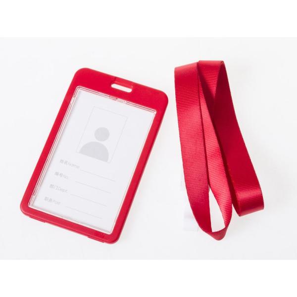 男女兼用 両面クリア IDカードネームホルダー 名札 ハードケース 縦型 ストラップ付き#レッド
