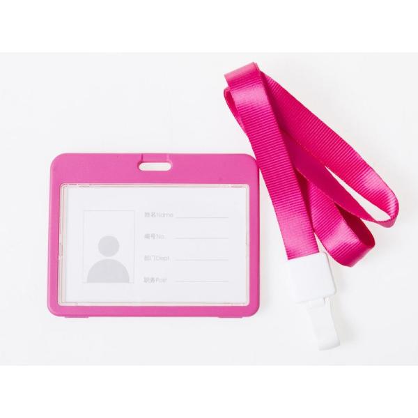 男女兼用 両面クリア IDカードネームホルダー 名札 ハードケース 横型 ストラップ付き#ローズ