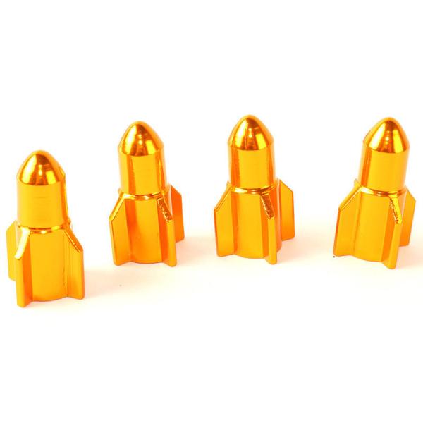 自転車 アルミ 米式バルブ用 バルブキャップ 4個入 ロケット模様#ゴールド