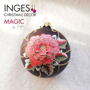 クリスマスツリー 飾り オーナメント ボール 北欧 INGE-GLAS MAGIC バラ 刺繍 レッド 10cm［64701H600］｜pikaqac