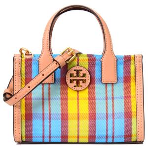 トリーバーチ バッグ TORY BURCH ナイロン メッシュ レザー チェック柄 ロゴ ミニ トート 2way クロスボディ ショルダー イエロー×ブルーマルチ 150103｜pike-st