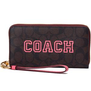 コーチ 長財布 COACH コーティングキャンバス レザー シグネチャー ヴァーシティ ロゴ リストレット ジップ アラウンド ブラウン×ウォーターメロン CB856｜pike-st