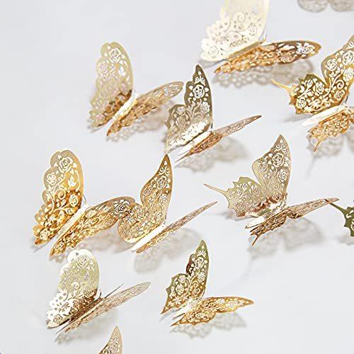 3D Champagne Gold Butterfly Wall Decal Shining Met...