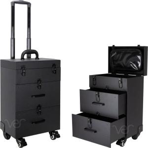 4-Wheels Black Faux Leather Nail Artist Pro Rolling Case with 2 Drawers Foの商品画像