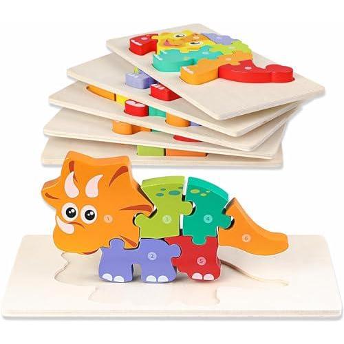 恐竜パズル 6個パック 3~5歳のお子様向け モンテッソーリおもちゃ 2歳児向け 幼児向け木製パズル...
