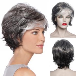 LEOSA Ombre Silver Grey Pixie Cut Wig with Bangs for White Short Black Curl｜pinkcarat