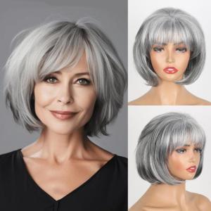 Mayouda Short Grey Wig With Bangs Bob Natrual Wavy Wigs For Women Over 50 S｜pinkcarat