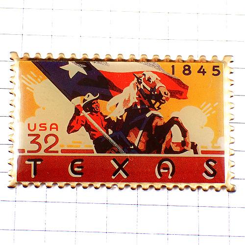 ピンバッジ・テキサスのカウボーイ郵便切手型アメリカ/USA TEXAS STAMP COWBOY U...