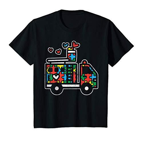 キッズ パズル消防車かわいい自閉症の意識の消防士の男の子の子供 Tシャツ