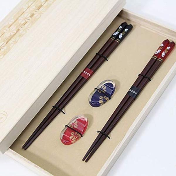 夫婦箸 満開桜 箸置き セット 桐箱 木箱 一双 日本製 国産 木製 プレゼント ギフト