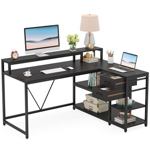 Tribesigns l字デスク パソコンデスク 引き出し付き 幅140cm ゲーミングデスク 机 ...