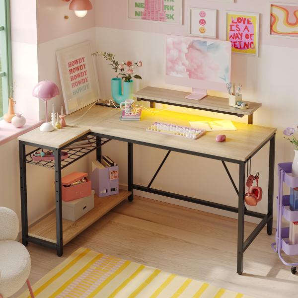 Bestier l字デスク パソコンデスク L字型 幅122cm コンセント付き ゲーミングデスク ...