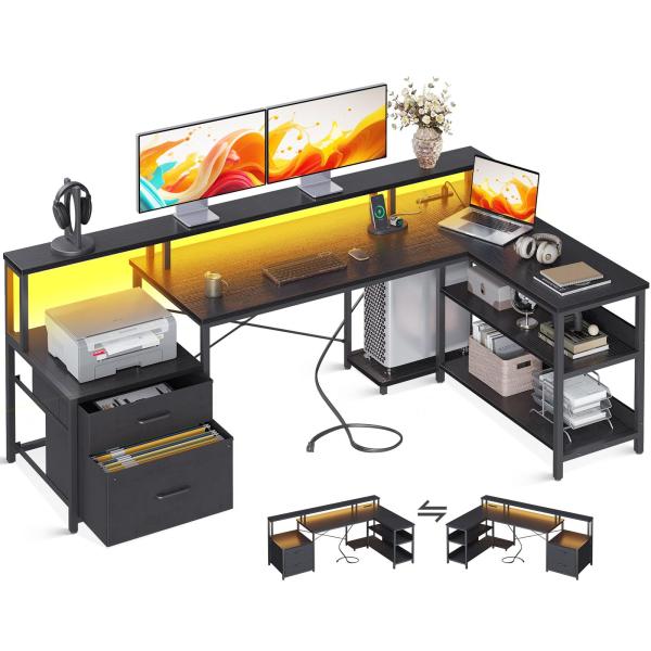 ODK パソコンデスク ゲーミングデスク コンセント付き l字デスク デスク 机 pcデスク 引き出...