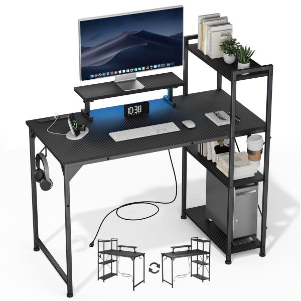 DOMICON パソコンデスク 黒 幅120CM 棚付き コンセント付き ゲーミングデスク 収納 モ...