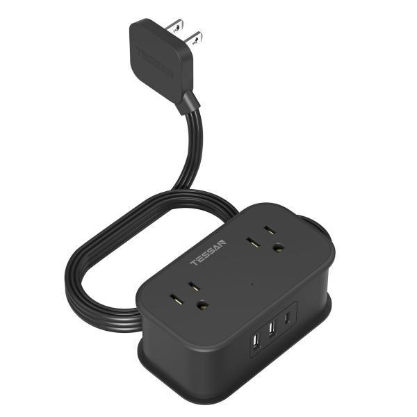 延長コード 短い 1m USBタップ TESSAN 電源タップ type-C付き ブラック タコ足配...