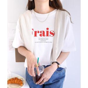 ロゴプリント レディース Tシャツ 半袖 カットソー コットン ロゴ クルーネック フレンチ サイドスリット きれいめ おしゃれ カジュアル かわいい ナチュラル 女｜plaisir-shop