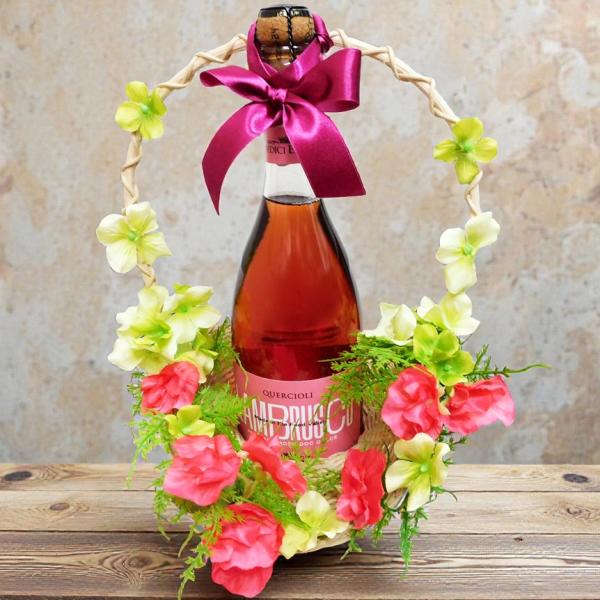 フラワーバスケット ワインギフト 造花｜イタリア産 ランブルスコ 甘口 ドルチェ ロゼ　スパークリン...