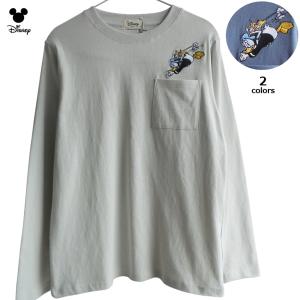 送料無料 ドナルドダック チップとデール ディズニー 長袖Tシャツ ロンT 胸ポケット 刺繍 ダイブ 飛び込み レディース ペアルック 大人 TDL 春 白 ブルー