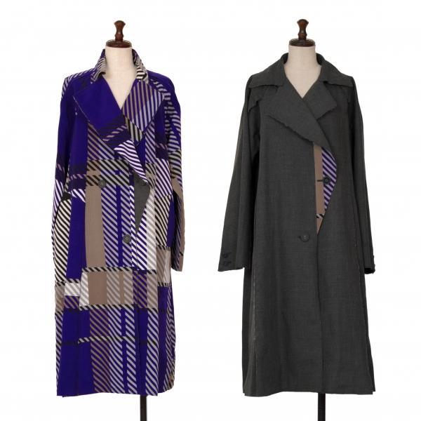 イッセイミヤケISSEY MIYAKE ボンディングリバーシブルプリント切りっぱなしコート 青グレー...