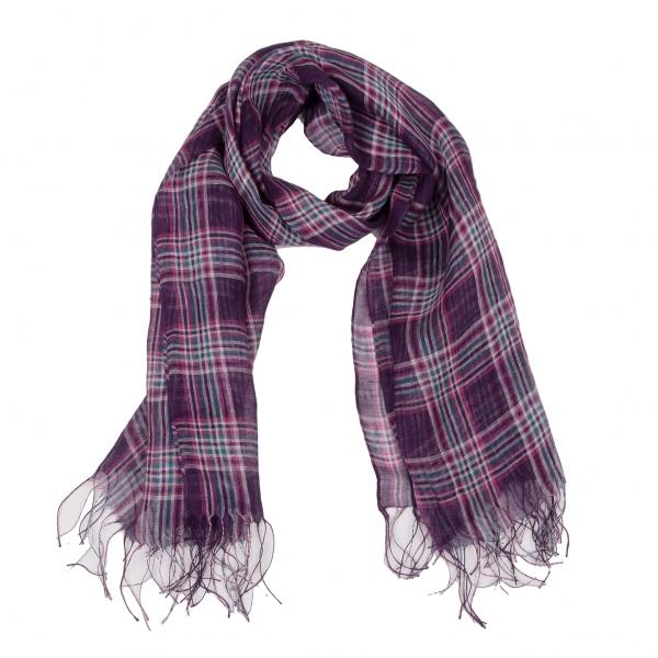 スナオクワハラsunao kuwahara リネンフリンジチェックストール 紫 【レディース】
